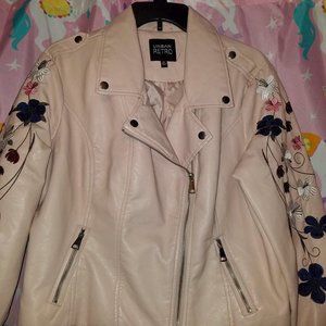 Soft Pink Floral Embroidery Faux Leather Moto Jacket Size XL